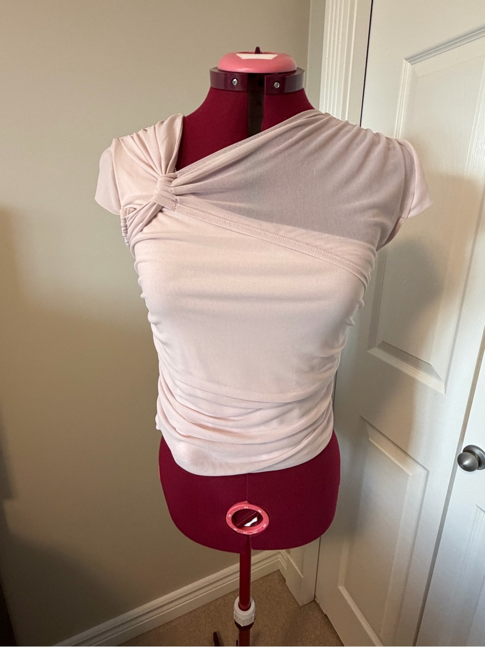 Anthropologie Blush Pink Ruched Knot-Shoulder Short Sleeve Top - Picture 3 of 5